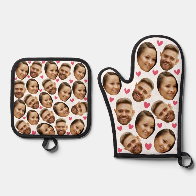 Personalized Face Custom Photo With Heart Couple Oven Mitt & Pot Holder Set (Front)