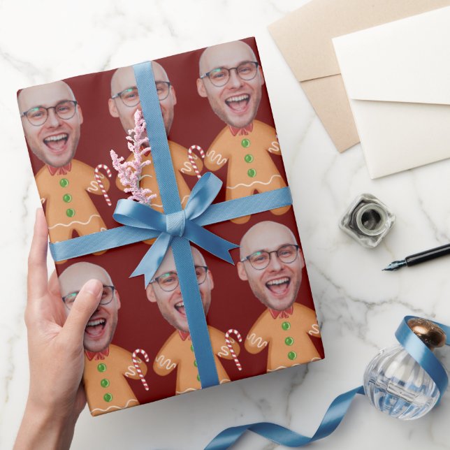 Personalized Face Photo Gingerbread Men Christmas Wrapping Paper (Gifting)