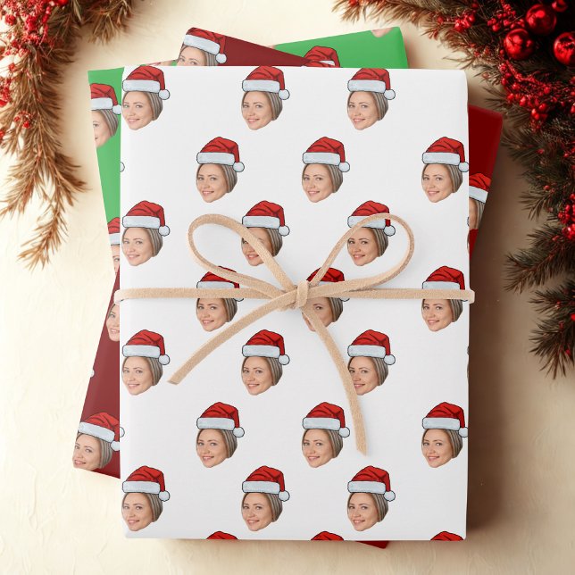 Personalized Face Photo Santa Hat Christmas Gift Wrapping Paper Sheet (Creator Uploaded)
