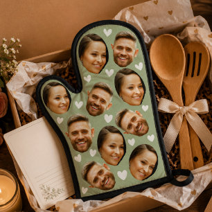 Personalized Face Picture Heart Couple Sage Green Oven Mitt