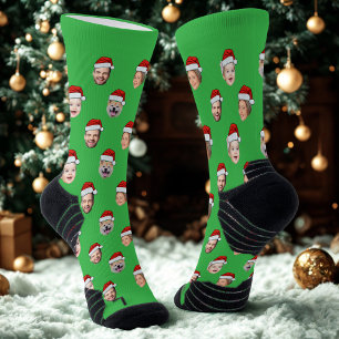 Personalized Face Socks, Santa Hat 4 Faces Green  Socks