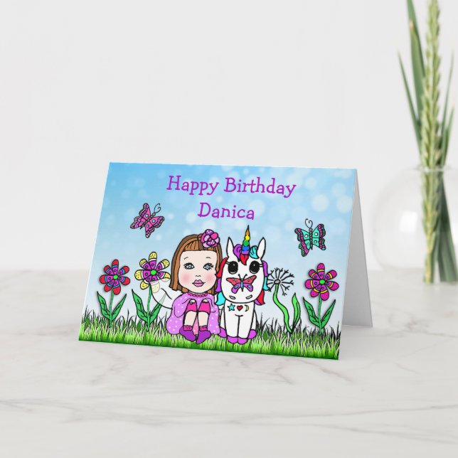 Personalized Fairy and Unicorn  Happy Birthday Card (Front)