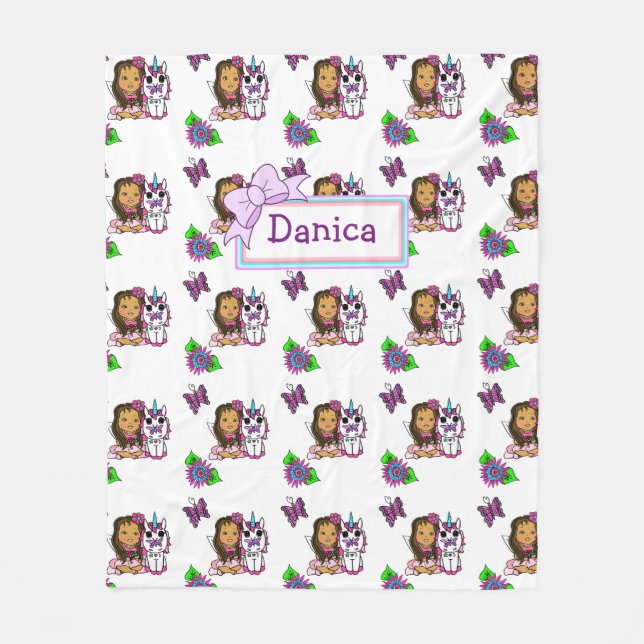 Personalized Fairy and Unicorn with Bow Purple Fleece Blanket (Front)
