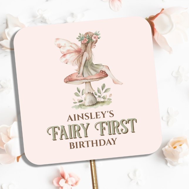 Personalized Fairy First Pink 1st Birthday Party Square Sticker (Creator Uploaded)