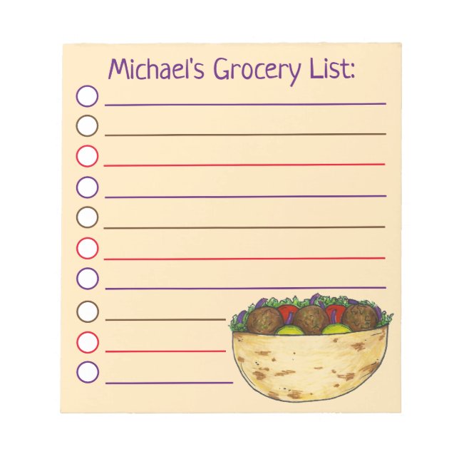Personalized Falafel Pita Sandwich Grocery List Notepad (Front)