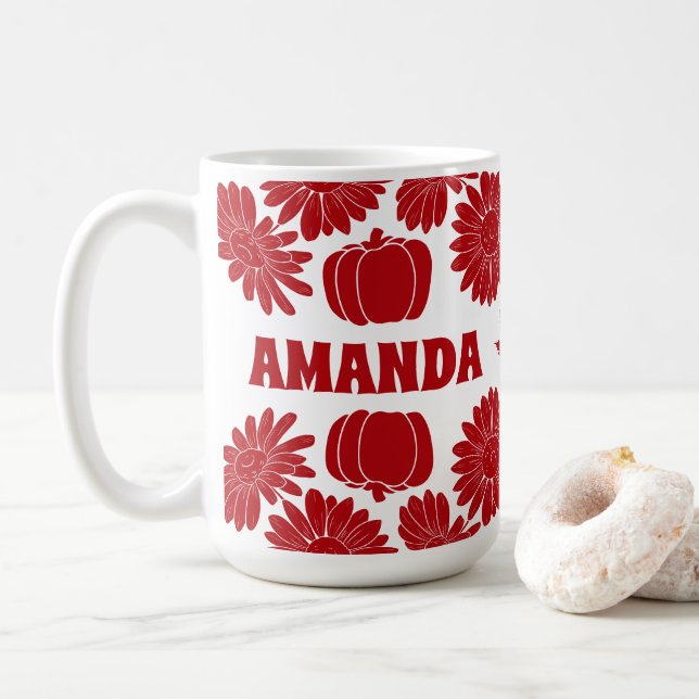 Personalized Fall Autumn Flowers Pumpkins Red Coffee Mug (With Donut)