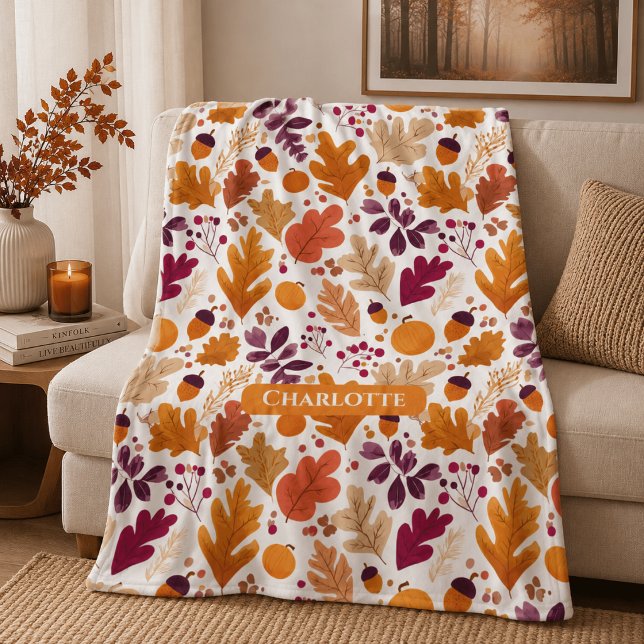 Personalized Fall – Autumn Leaves & Acorns Name Fleece Blanket (Creator Uploaded)