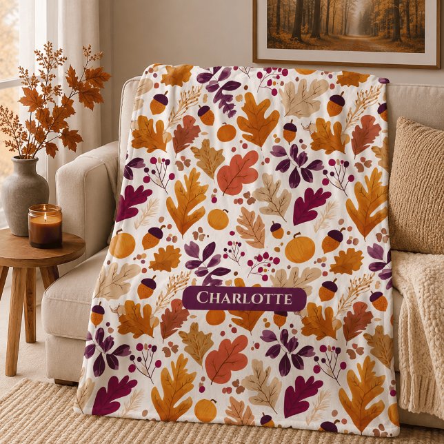 Personalized Fall – Autumn Leaves & Acorns Name Fleece Blanket (Creator Uploaded)