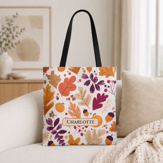 Personalized Fall – Autumn Leaves & Acorns Name Tote Bag (Creator Uploaded)