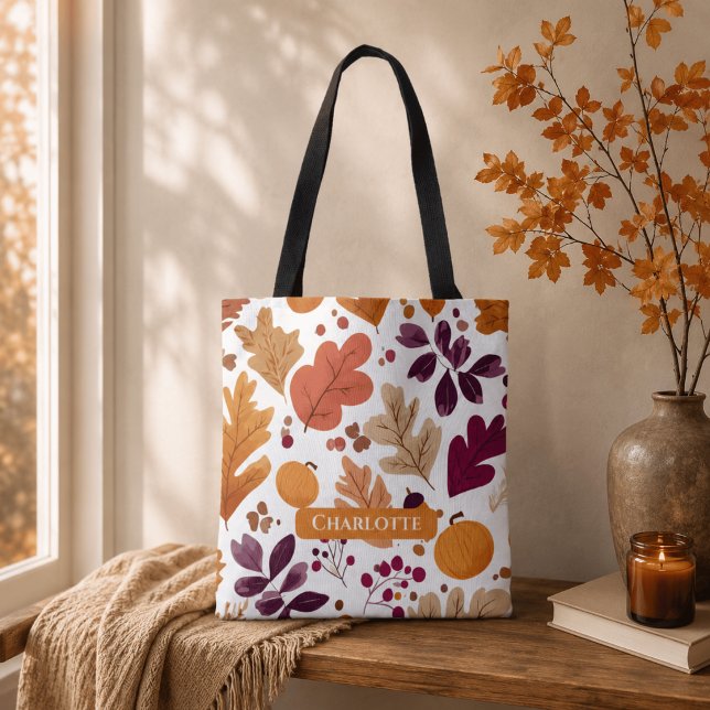 Personalized Fall – Autumn Leaves & Acorns Name Tote Bag (Creator Uploaded)