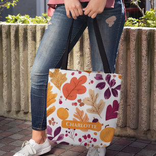 Personalized Fall – Autumn Leaves & Acorns Name Tote Bag