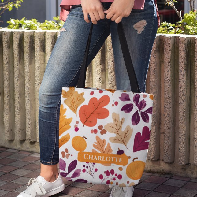 Personalized Fall – Autumn Leaves & Acorns Name Tote Bag (Creator Uploaded)