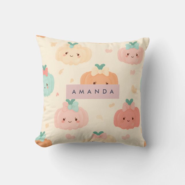Personalized Fall Autumn Pastel Cute Pumpkin Throw Pillow (Front)