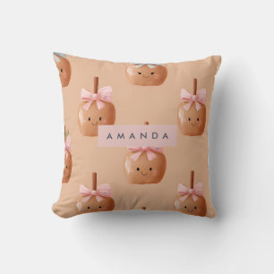 Personalized Fall Cozy Cute Caramel Apple Bow  Throw Pillow