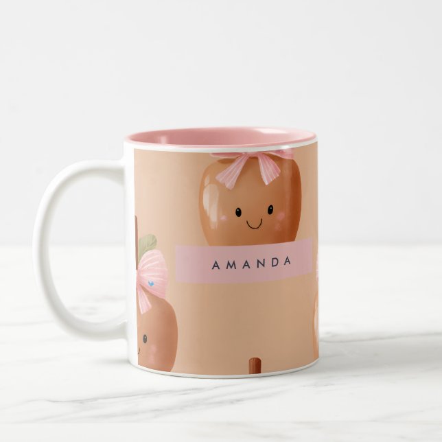 Personalized Fall Cozy Cute Caramel Apple Bow  Two-Tone Coffee Mug (Left)