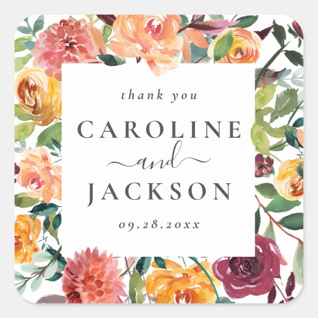 Personalized Fall Floral Thank You Favour Square Sticker (Front)