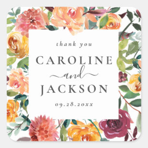Personalized Fall Floral Thank You Favour Square Sticker