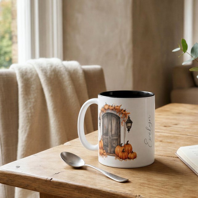 Personalized Fall Front Door Pumpkin Decor Two-Tone Coffee Mug (Creator Uploaded)