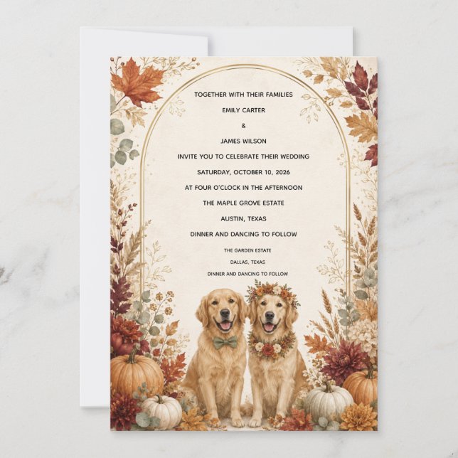 Personalized Fall Golden Retriever Wedding  Invitation (Front)