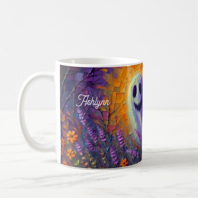 Personalized Fall Halloween Flowers and Ghost Coffee Mug (Left)