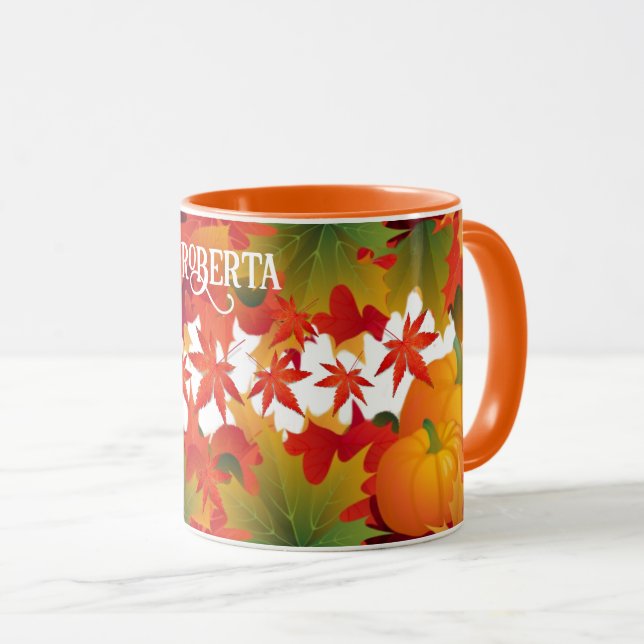 Personalized Fall Leaves and pumpkins Mug (Front Right)