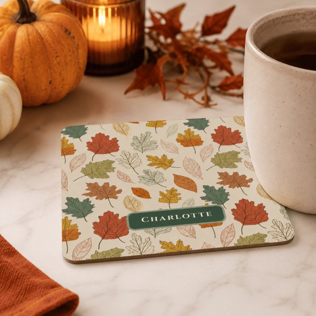 Personalized Fall Leaves – Cozy Autumn Custom Name Square Paper Coaster (Creator Uploaded)