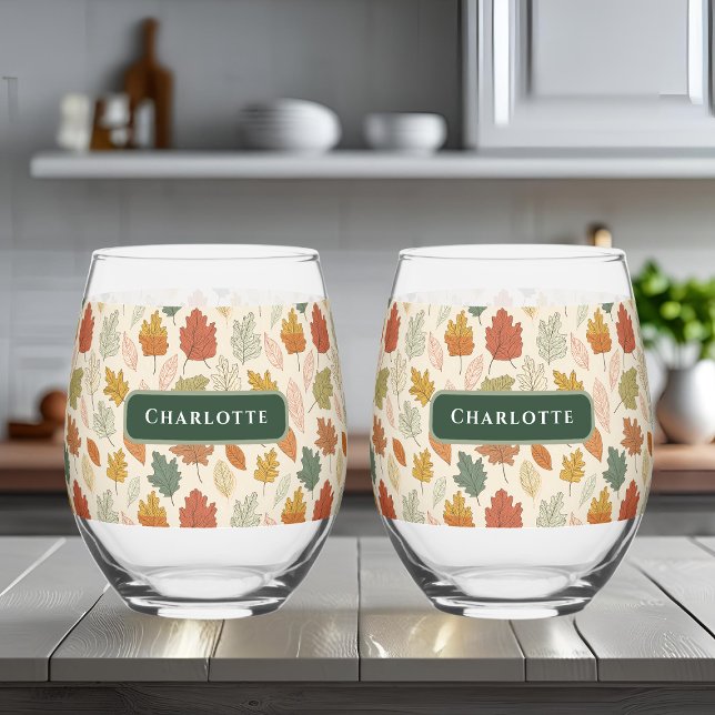 Personalized Fall Leaves – Cozy Autumn Custom Stemless Wine Glass (Creator Uploaded)