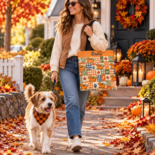 Personalized Fall Patchwork Pup Pumpkin All Over Tote Bag