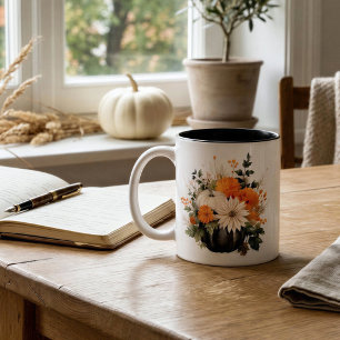 Personalized Fall Pumpkin   Floral Autumn Harvest Two-Tone Coffee Mug