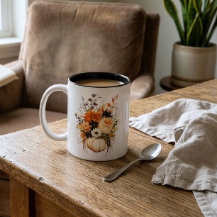 Personalized Fall Pumpkin Floral Bouquet Two-Tone Coffee Mug