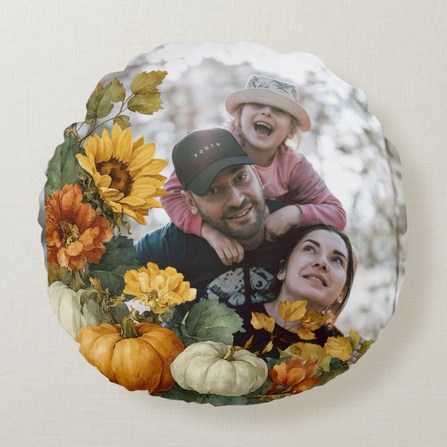 Personalized Fall Pumpkin Photo Design Round Pillow (Front)
