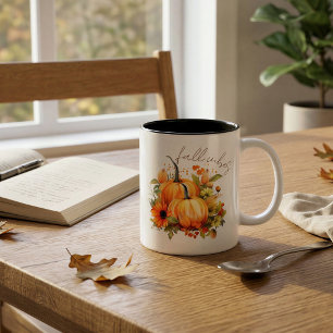 Personalized Fall Vibes Pumpkin Floral Name Two-Tone Coffee Mug