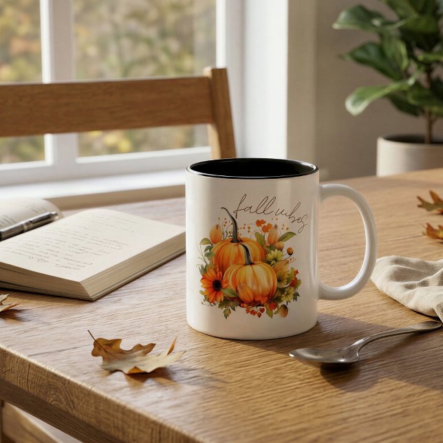 Personalized Fall Vibes Pumpkin Floral Name Two-Tone Coffee Mug (Creator Uploaded)