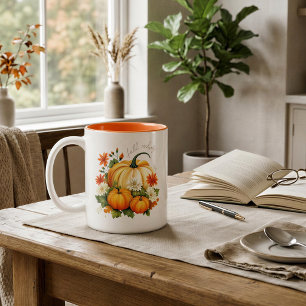 Personalized Fall Vibes White Pumpkin Floral Two-Tone Coffee Mug