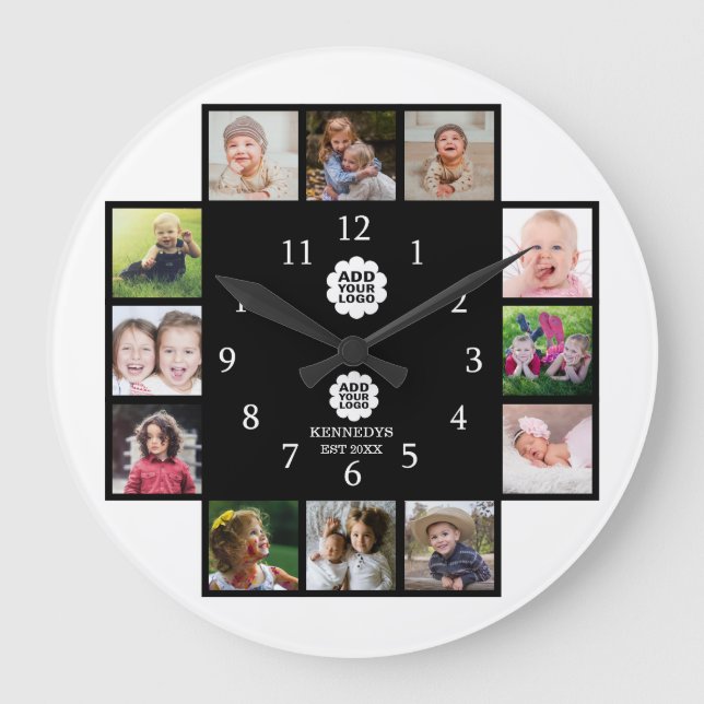 Personalized Family 12 Photo Collage Black 2 Logo Large Clock (Front)