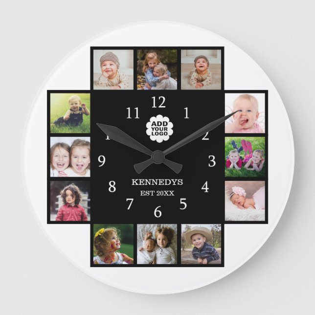 Personalized Family 12 Photo Collage Logo Black   Large Clock (Front)