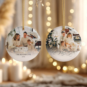 Personalized Family 2 Photo Merry Christmas Ceramic Ornament
