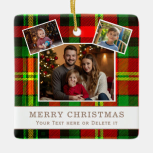 Personalized Family 3 Photo Green Plaid Christmas  Ceramic Ornament