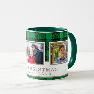 Personalized Family 3 Photo Green Plaid Christmas  Mug