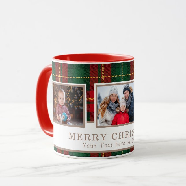 Personalized Family 3 Photo Plaid Christmas  Mug (Front Left)