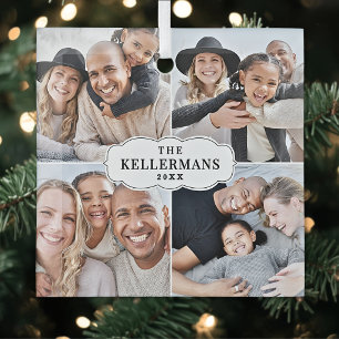 Personalized Family 4 Photo Collage Christmas Glass Ornament