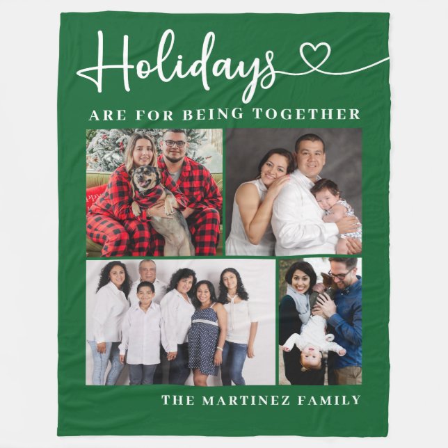 Personalized Family 4 Photo Collage Holiday Fleece Blanket (Front)