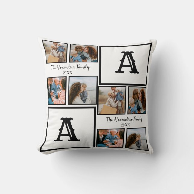 Personalized family 4 photo collage monogram throw pillow (Front)