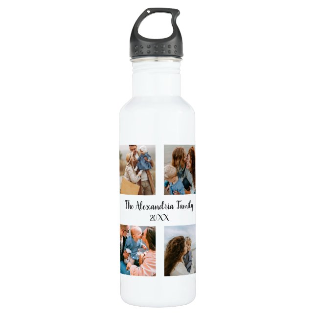 Personalized family 4 photo collage template 710 ml water bottle (Front)