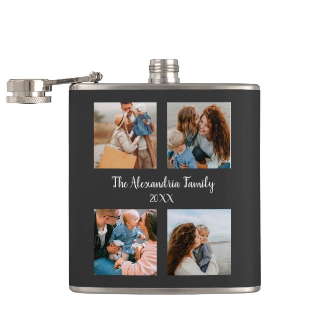 Personalized family 4 photo collage template hip flask (Opened)