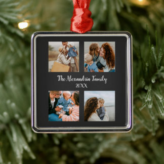 Personalized family 4 photo collage template metal ornament