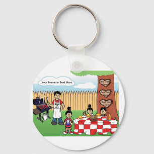 Personalized Family BBQ, Single Dad, 1 Boy Cartoon Keychain