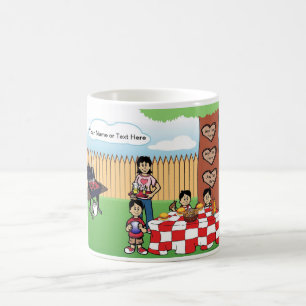 Personalized Family BBQ,Single Mom, 3 Boys Cartoon Coffee Mug