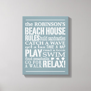 Personalized Family Beach House Rules Blue   White Canvas Print