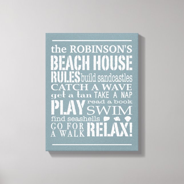 Personalized Family Beach House Rules Blue | White Canvas Print (Front)
